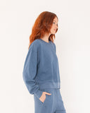 "Sara" - The Brushed Fleece Crew in Blue Indigo L — Spirit Celeste USA made luxury basic