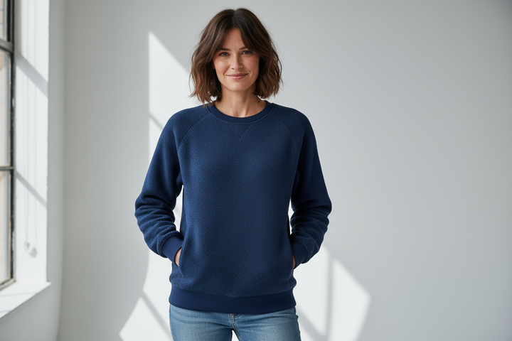 woman modelling fleece sweatshirt crew in blue indigo color